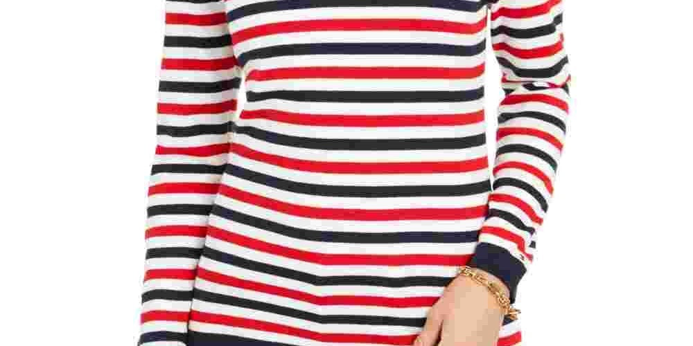 Suéter feminino Tommy Hilfiger de algodão listrado com decote em V, azul, tamanho médio