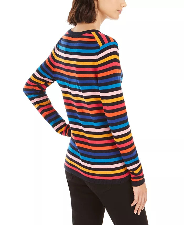 Suéter feminino Tommy Hilfiger de algodão listrado com decote em V, azul, tamanho pequeno