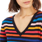 Suéter feminino Tommy Hilfiger de algodão listrado com decote em V, azul, tamanho pequeno