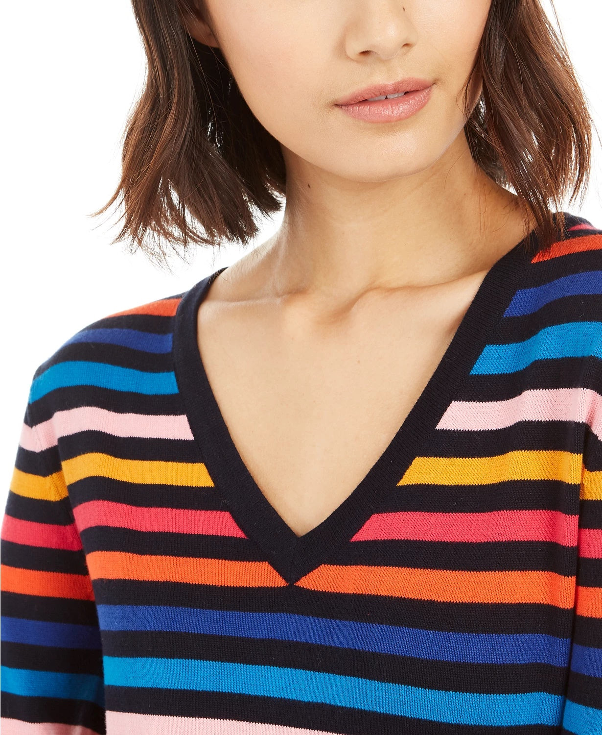 Suéter feminino Tommy Hilfiger de algodão listrado com decote em V, azul, tamanho pequeno