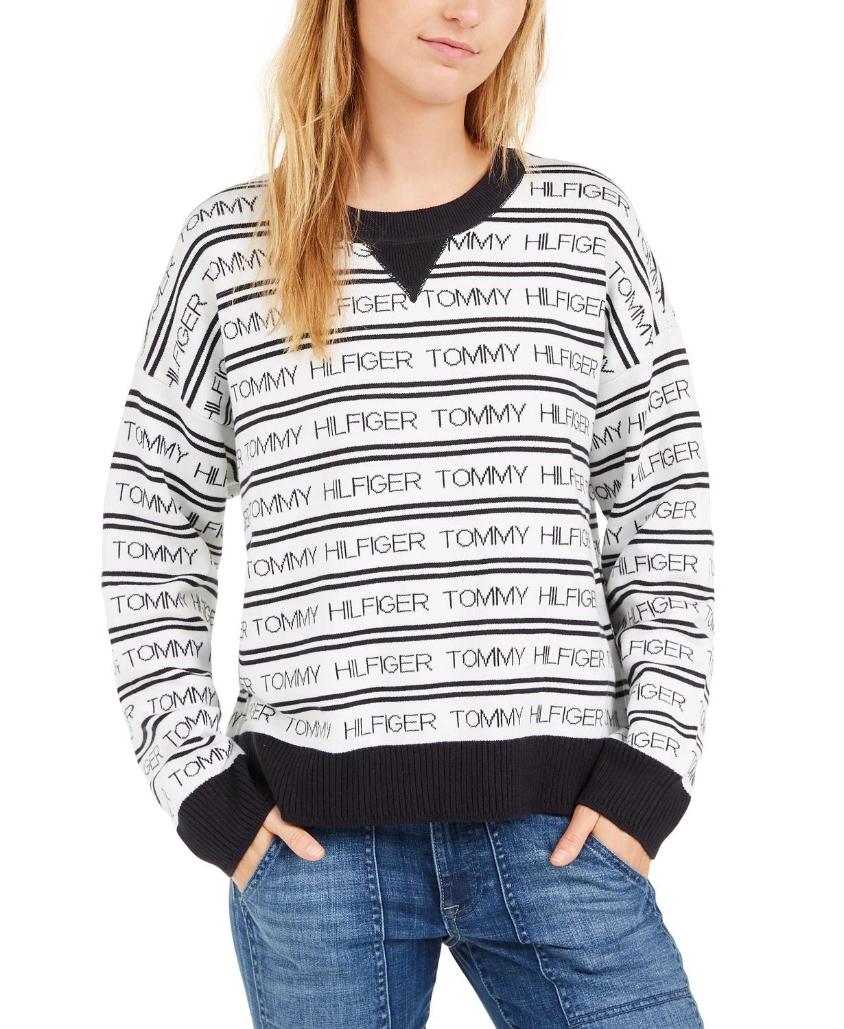 Suéter feminino Tommy Hilfiger com listras e logotipo, branco, tamanho XX-G