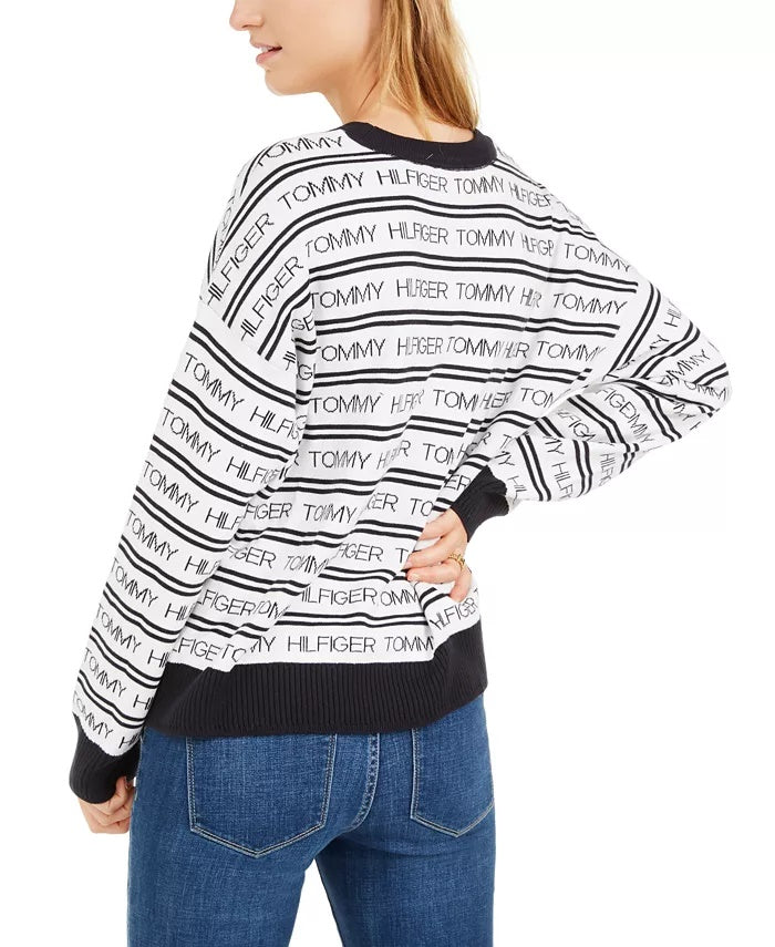 Suéter feminino Tommy Hilfiger com listras e logotipo, branco, tamanho XX-G