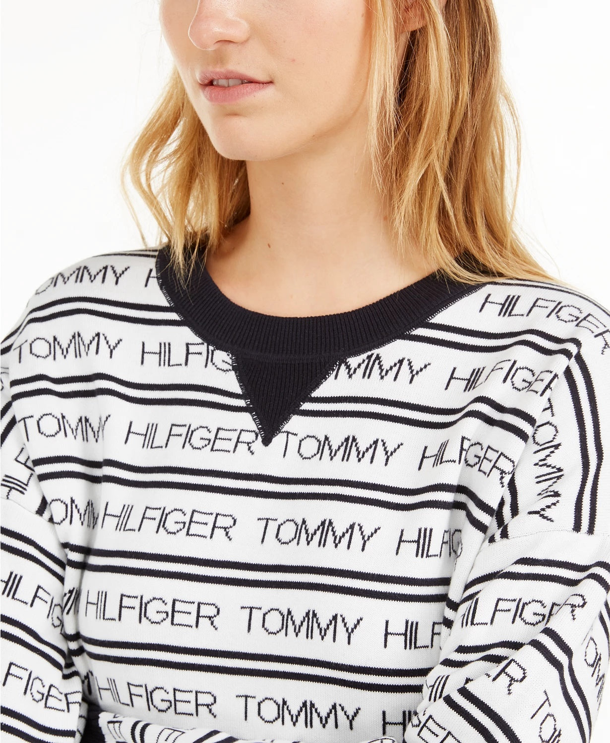 Suéter feminino Tommy Hilfiger com listras e logotipo, branco, tamanho XX-G