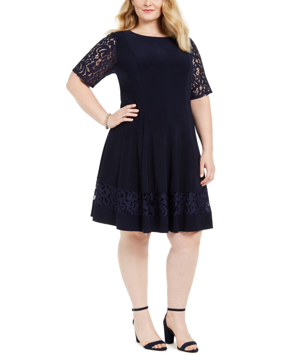 Vestido feminino Jessica Howard com manga de renda e ajuste evasê, azul-marinho, tamanho 14W