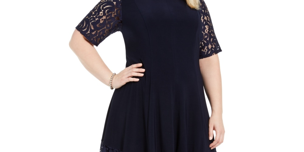 Vestido feminino Jessica Howard com manga de renda e ajuste evasê, azul-marinho, tamanho 14W