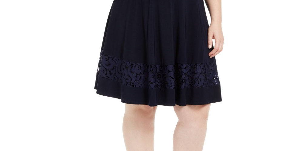Vestido feminino Jessica Howard com manga de renda e ajuste evasê, azul-marinho, tamanho 14W