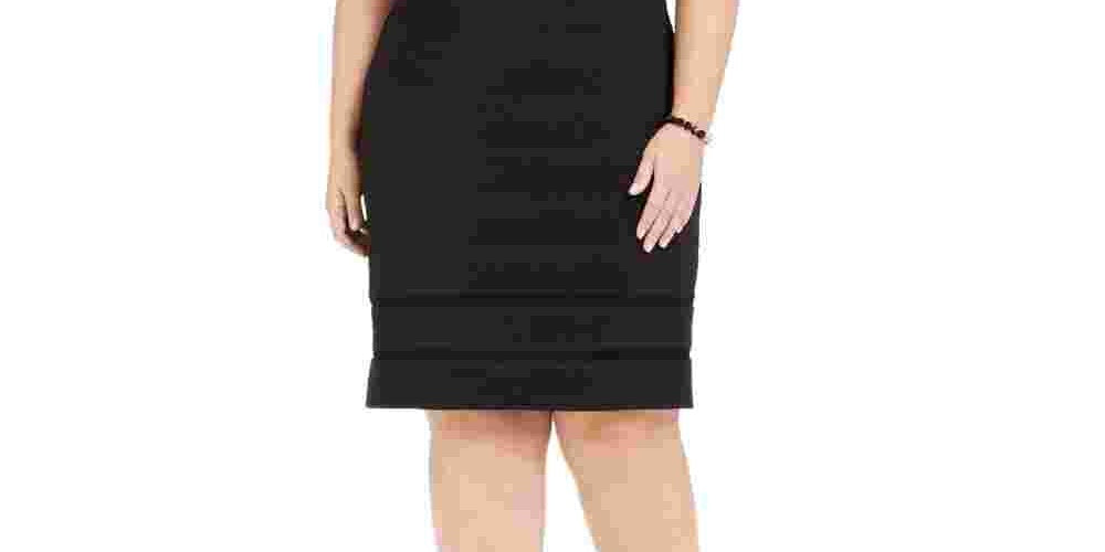 Vestido feminino Jessica Howard preto com acabamento ilusionista, manga curta, gola joia, abaixo do joelho, para usar no trabalho, tamanho 14W