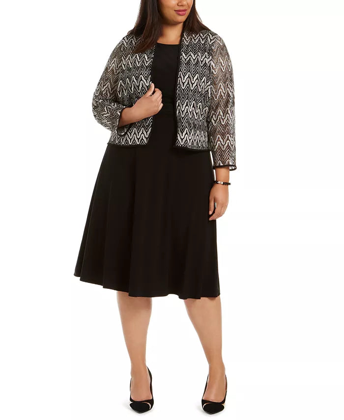 Vestido midi plus size feminino Jessica Howard e jaqueta de renda chevron cinza tamanho 14W