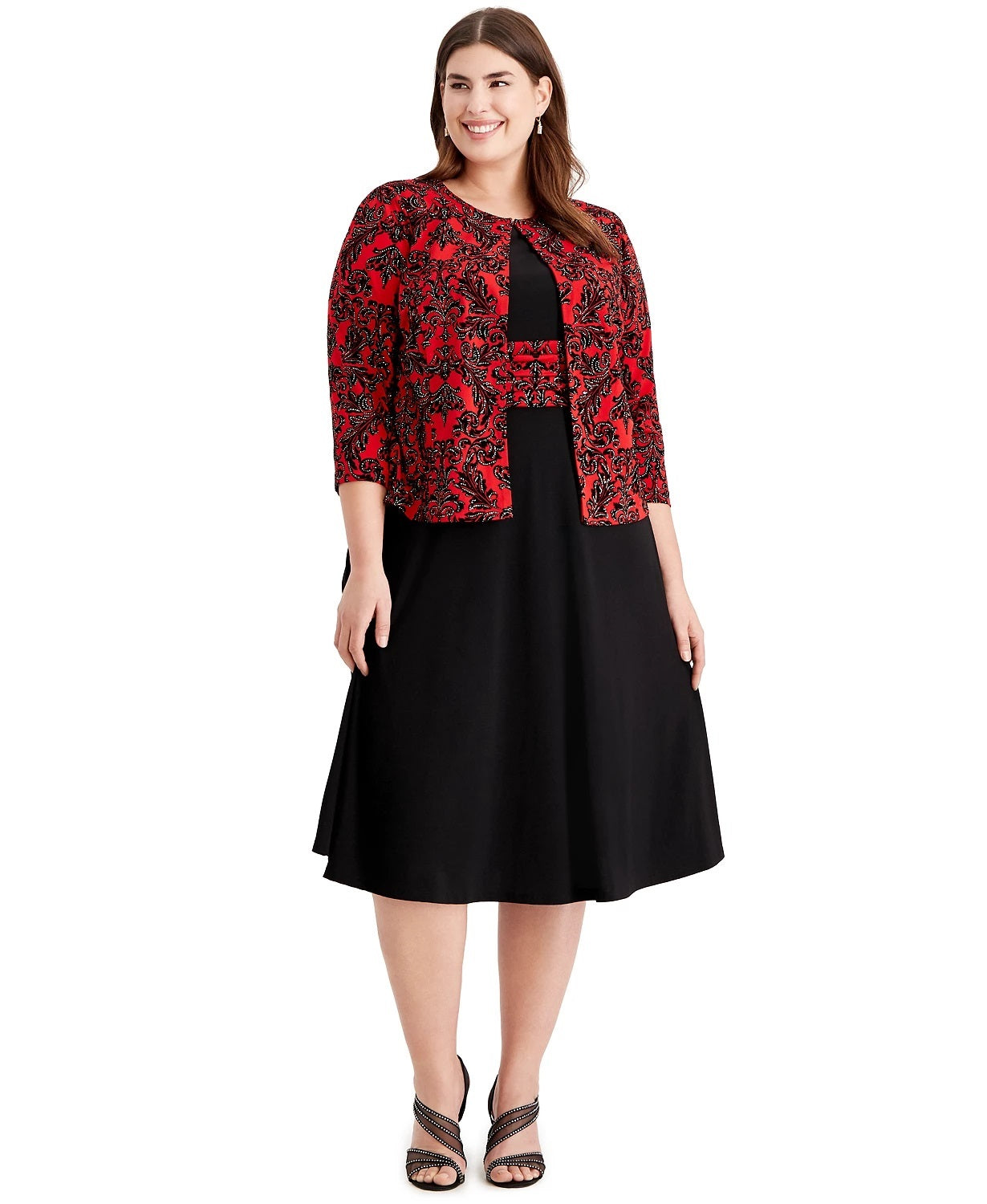 Vestido de festa feminino Jessica Howard com estampa e manga 3/4, decote joia, abaixo do joelho, ajuste flare, preto, tamanho 20W