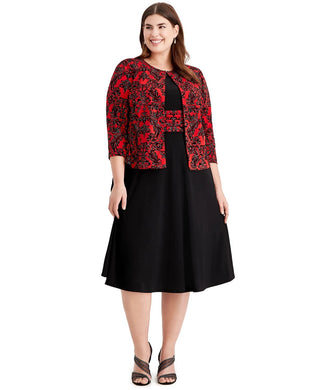 Vestido de festa feminino Jessica Howard com estampa e manga 3/4, decote joia, abaixo do joelho, ajuste flare, preto, tamanho 20W