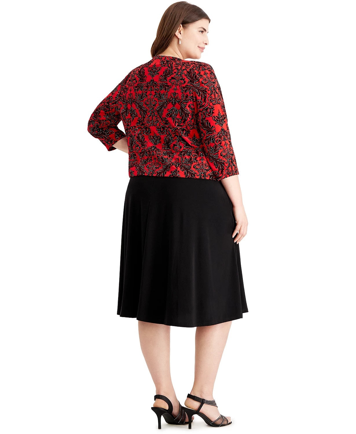 Vestido de festa feminino Jessica Howard com estampa e manga 3/4, decote joia, abaixo do joelho, ajuste flare, preto, tamanho 20W