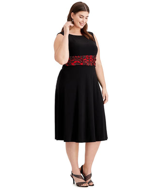 Vestido de festa feminino Jessica Howard com estampa e manga 3/4, decote joia, abaixo do joelho, ajuste flare, preto, tamanho 20W