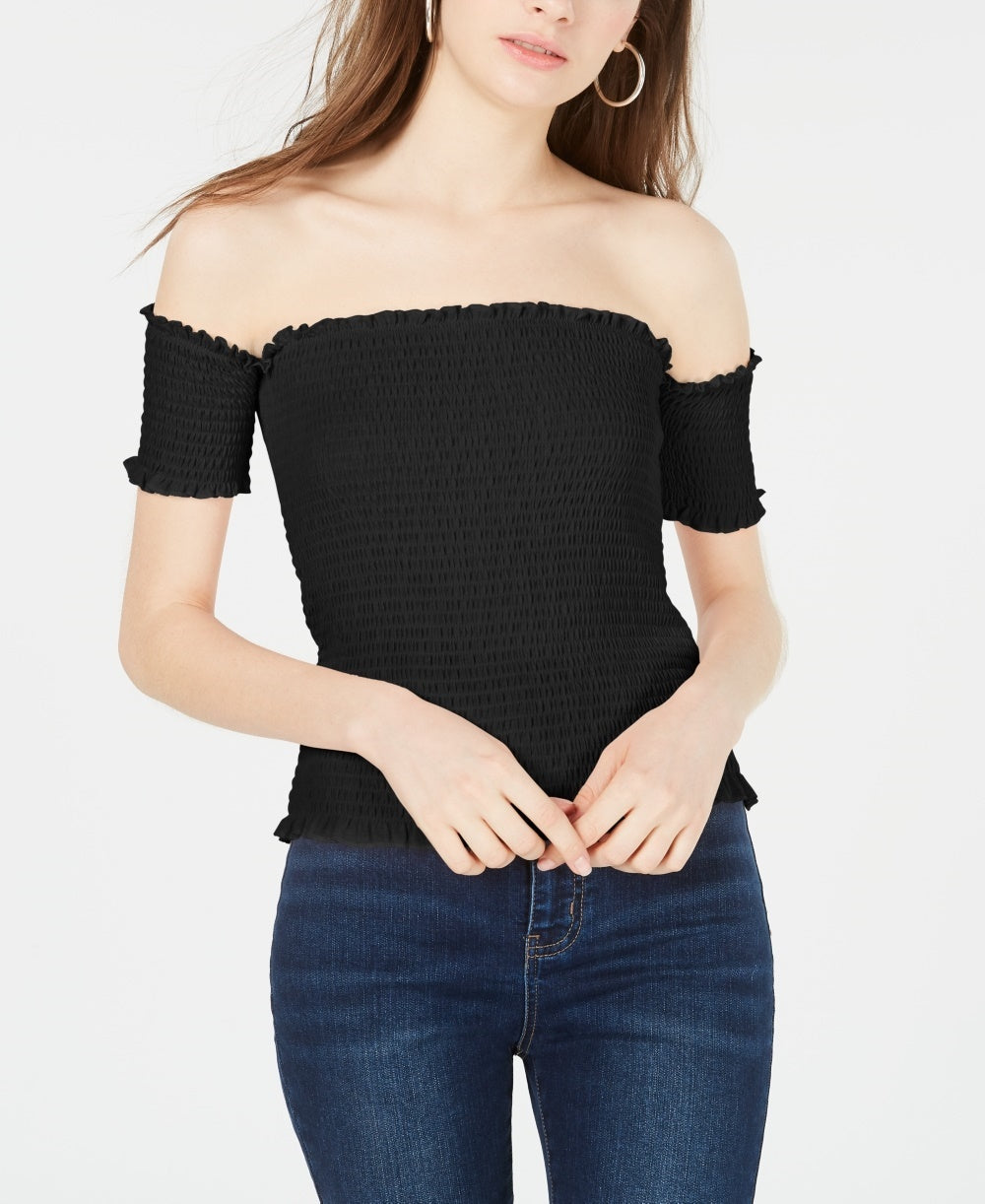 Blusa curta Crave Fame Junior com ombros de fora e franzidos, preta, tamanho pequeno