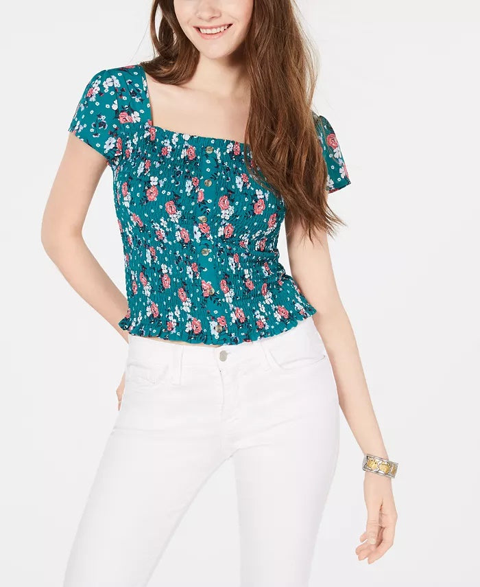 Blusa Crave Fame Juniors com estampa de manga curta e babados, rosa, tamanho X-S