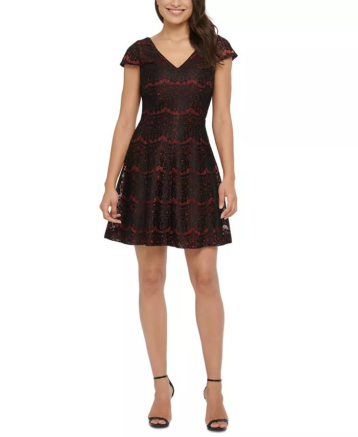 Vestido Kensie Feminino Metálico Renda Fit &amp; Flare Carvão Tamanho 0