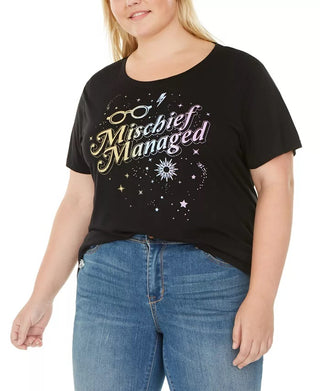 Camiseta feminina moderna e moderna com estampa gráfica Mischief Managed Plus Size, preta, tamanho 2X