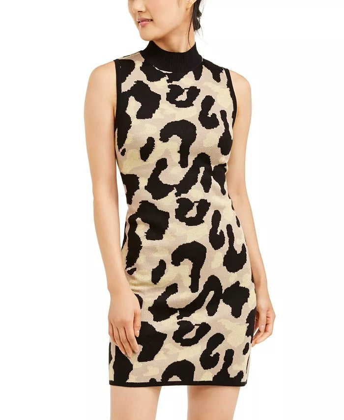Vestido curto de festa feminino Planet Gold com estampa animal, sem mangas, gola alta, amarelo, tamanho XX-S