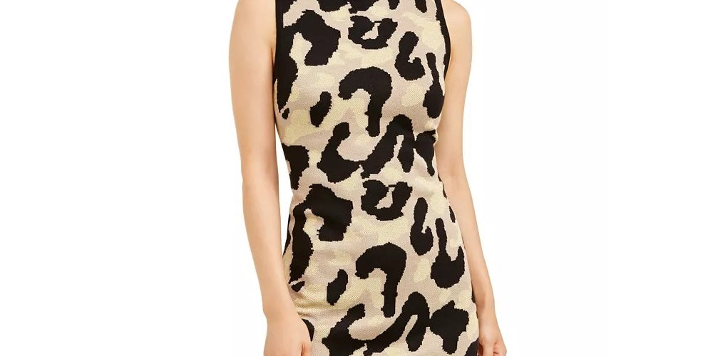 Vestido curto de festa feminino Planet Gold com estampa animal, sem mangas, gola alta, amarelo, tamanho XX-S