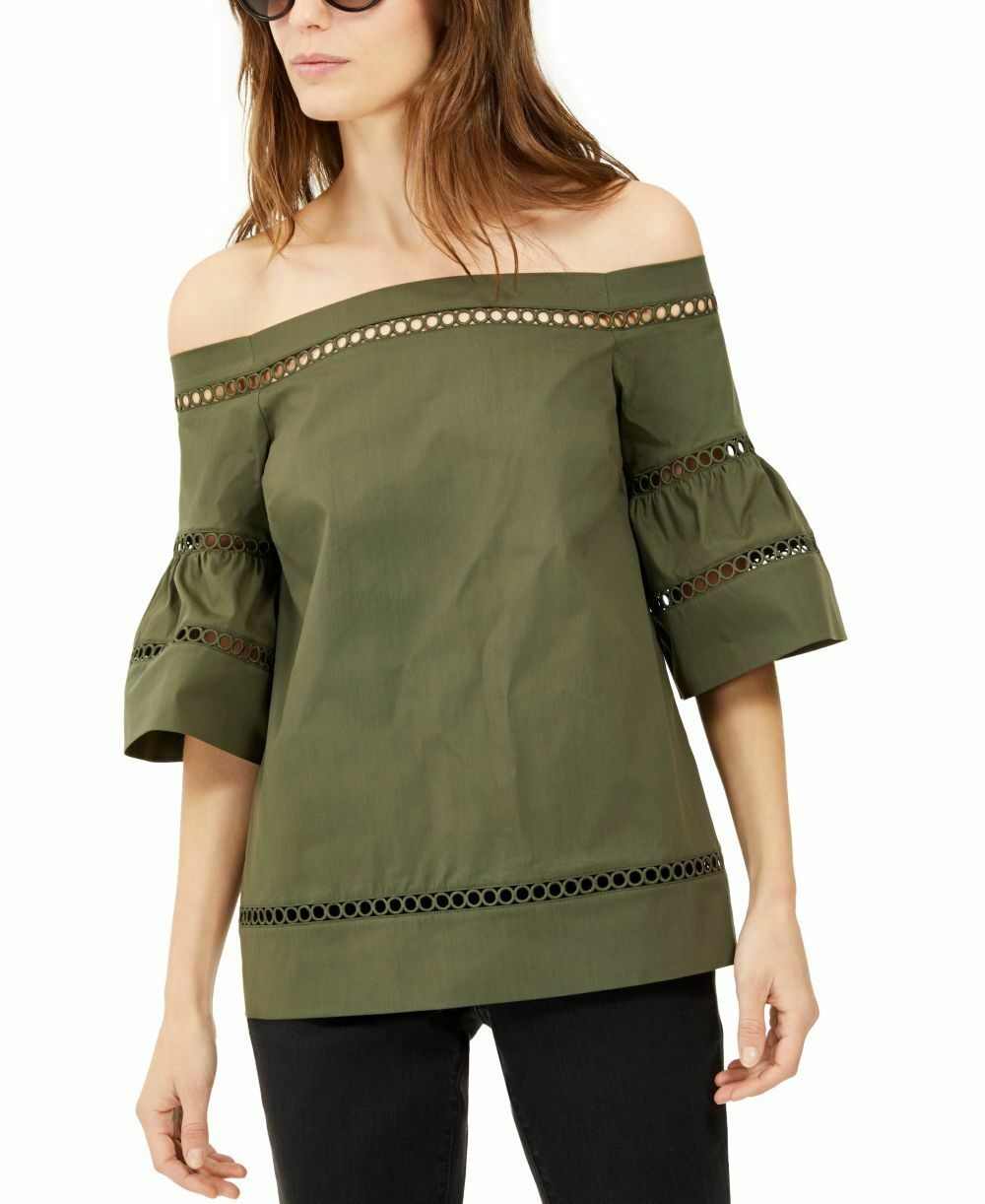 Top de crochê feminino Michael Kors com acabamento em ilhós, verde, tamanho médio