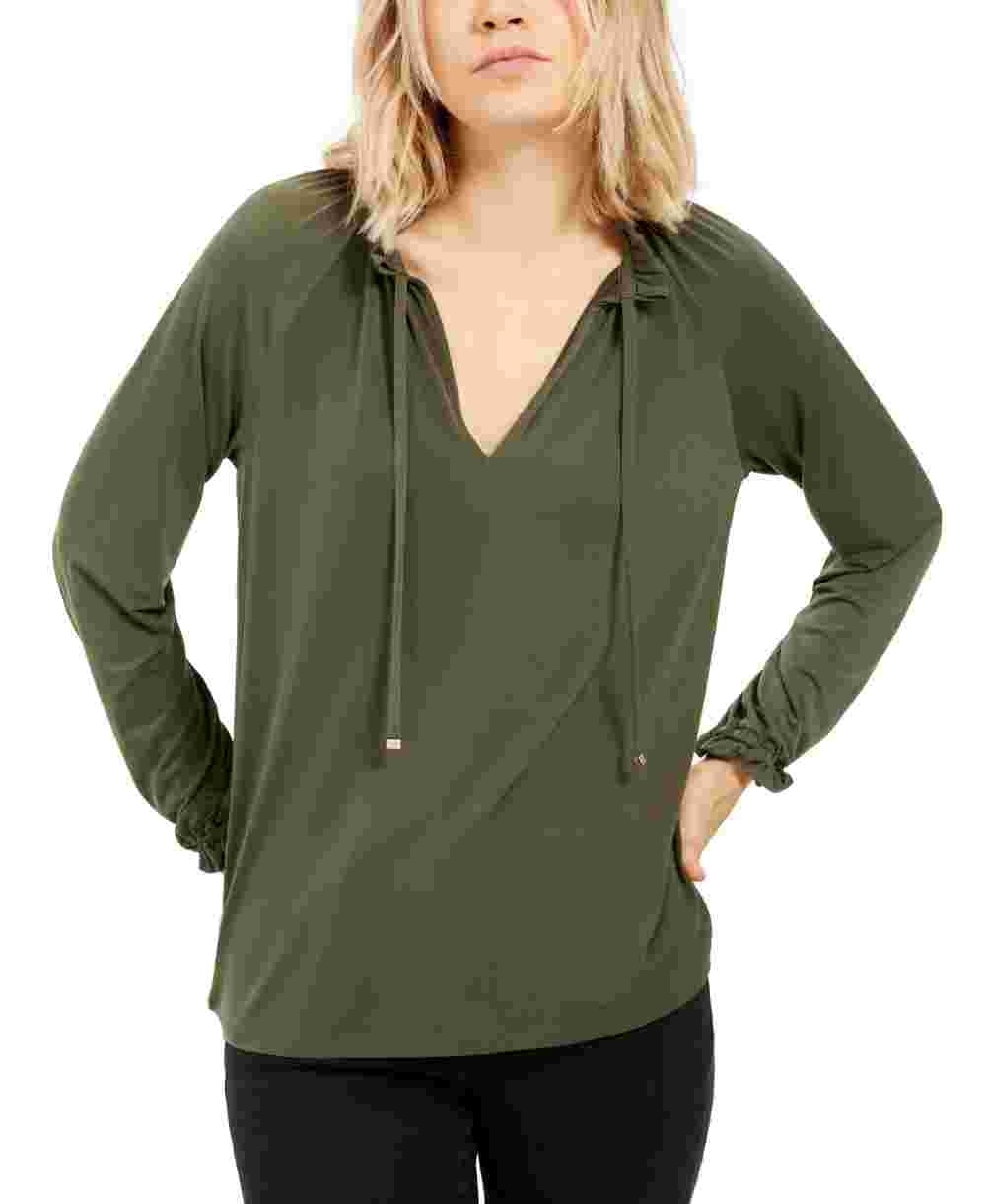 Blusa feminina Michael Kors com babados, manga comprida, gola V, verde, tamanho grande