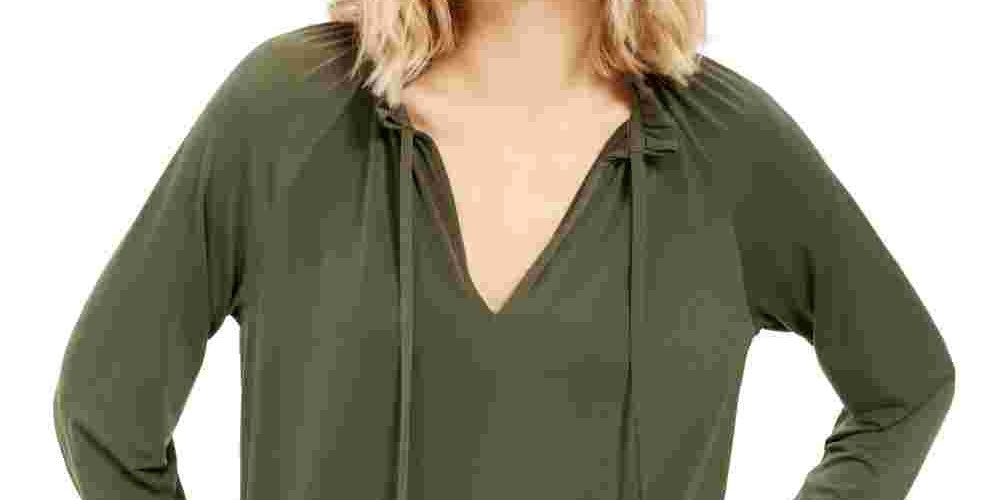 Blusa feminina Michael Kors com babados, manga comprida, gola V, verde, tamanho grande