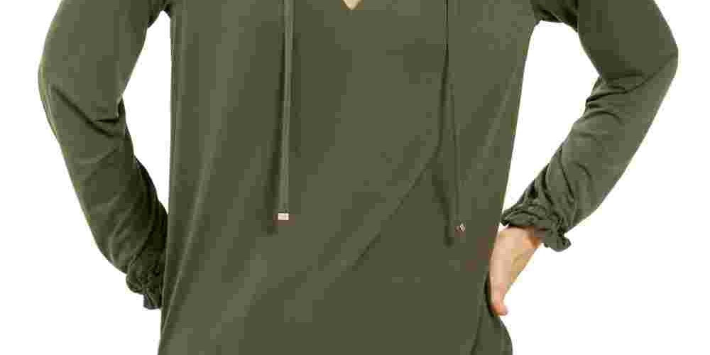 Blusa feminina Michael Kors com babados, manga comprida, gola V, verde, tamanho grande