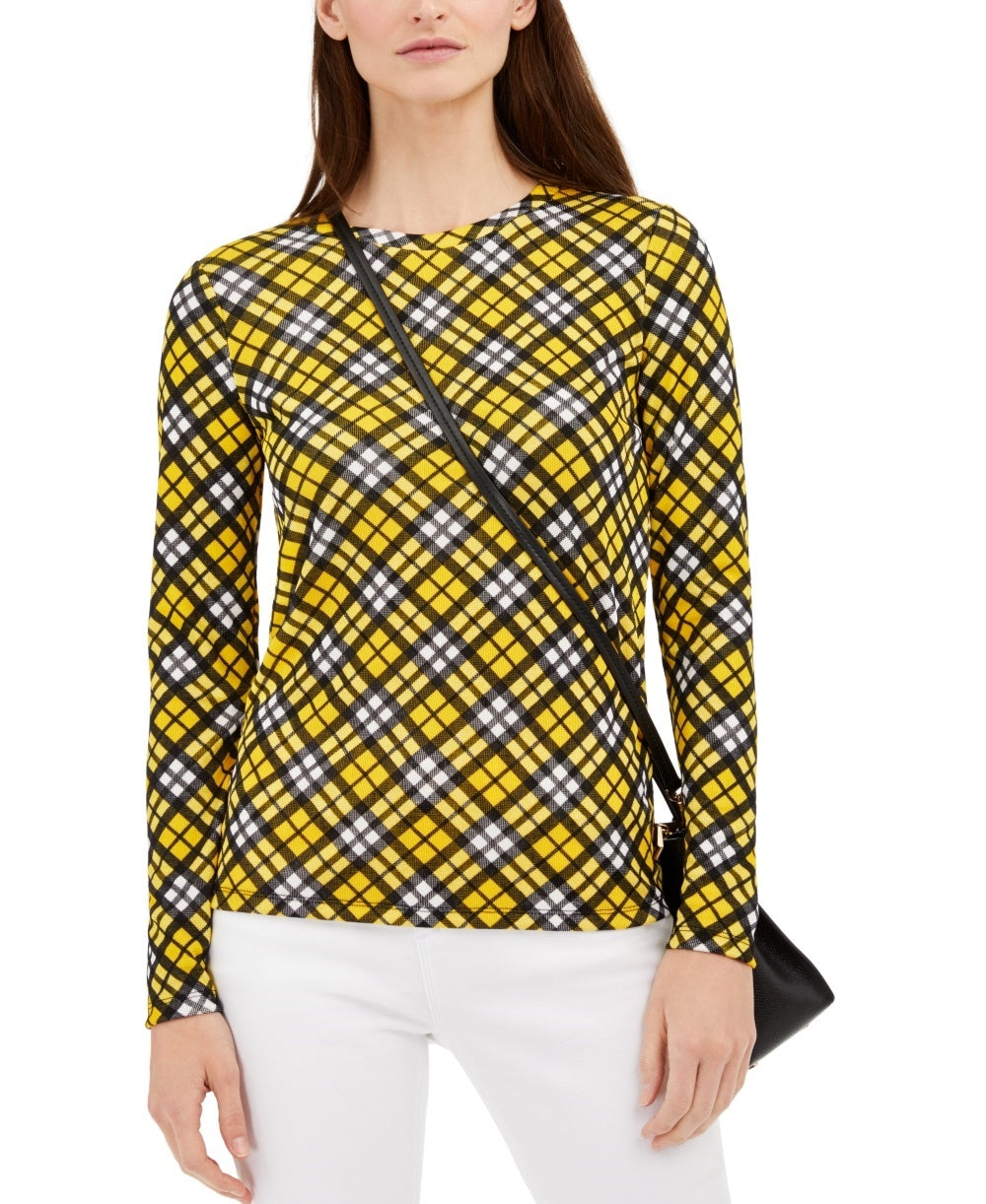 Blusa feminina xadrez manga comprida Michael Kors, amarela, tamanho pequeno