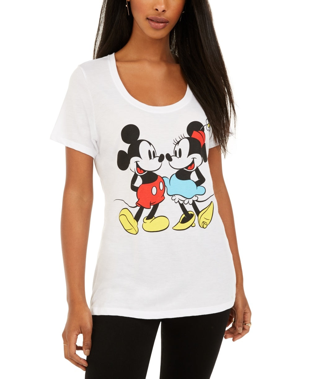 Camiseta com estampa gráfica do Mickey e Minnie Mouse da Disney Juniors, tamanho grande, branca