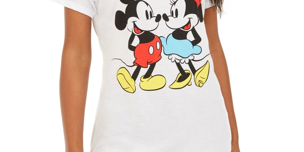 Camiseta com estampa gráfica do Mickey e Minnie Mouse da Disney Juniors, tamanho grande, branca