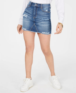 Tinseltown Juniors' Ripped Denim Mini Skirt Med Blue Size 1