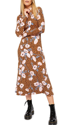 Vestido feminino retrô com estampa mista e romance, marrom, tamanho grande