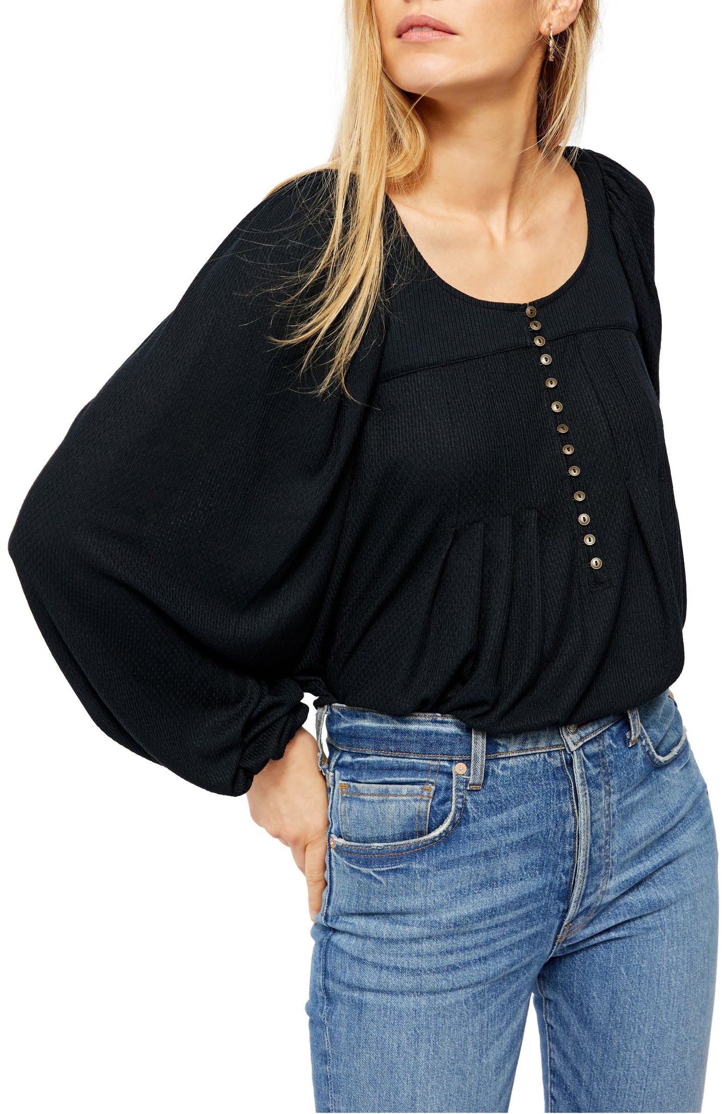 Blusa de malha canelada Devin feminina Free People, preta, tamanho pequeno