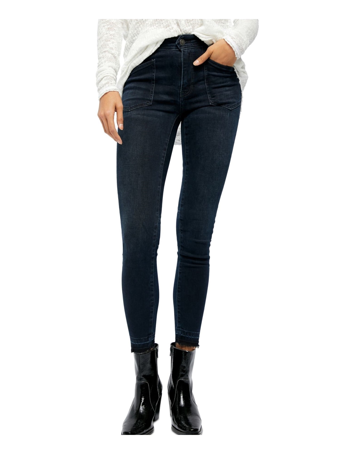 Calça jeans skinny feminina Free People azul marinho com bolso e zíper, tamanho 30