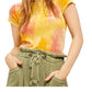 Free People Feminino Amarelo Tie Dye Manga Curta Gola Redonda Top Curto Amarelo Tamanho Grande