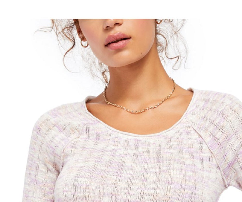 Camiseta feminina Free People, estampada, manga comprida, gola redonda, roxa clara, rosa, tamanho médio