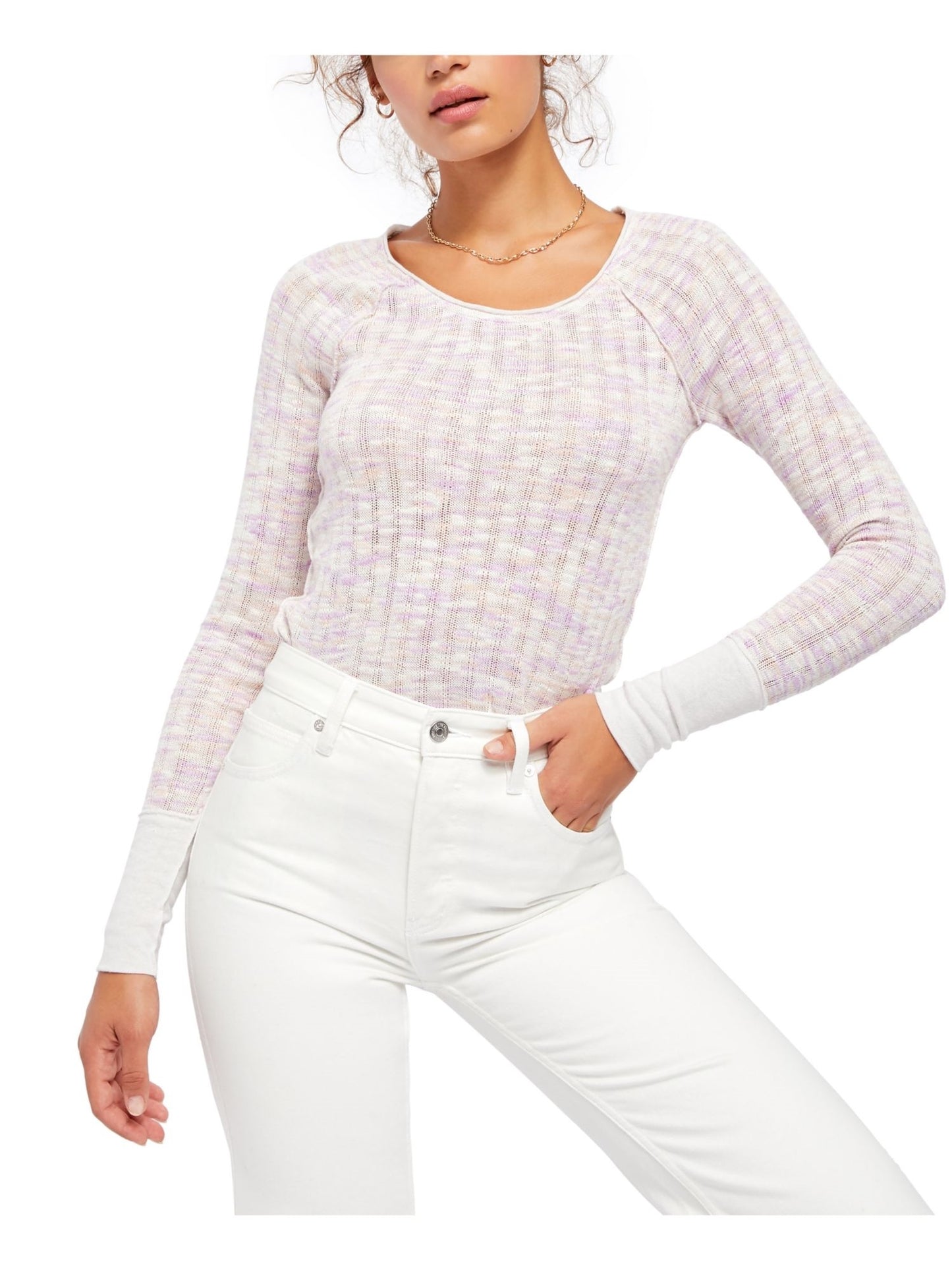 Blusa feminina Free People rosa de manga comprida e decote redondo, tamanho pequeno