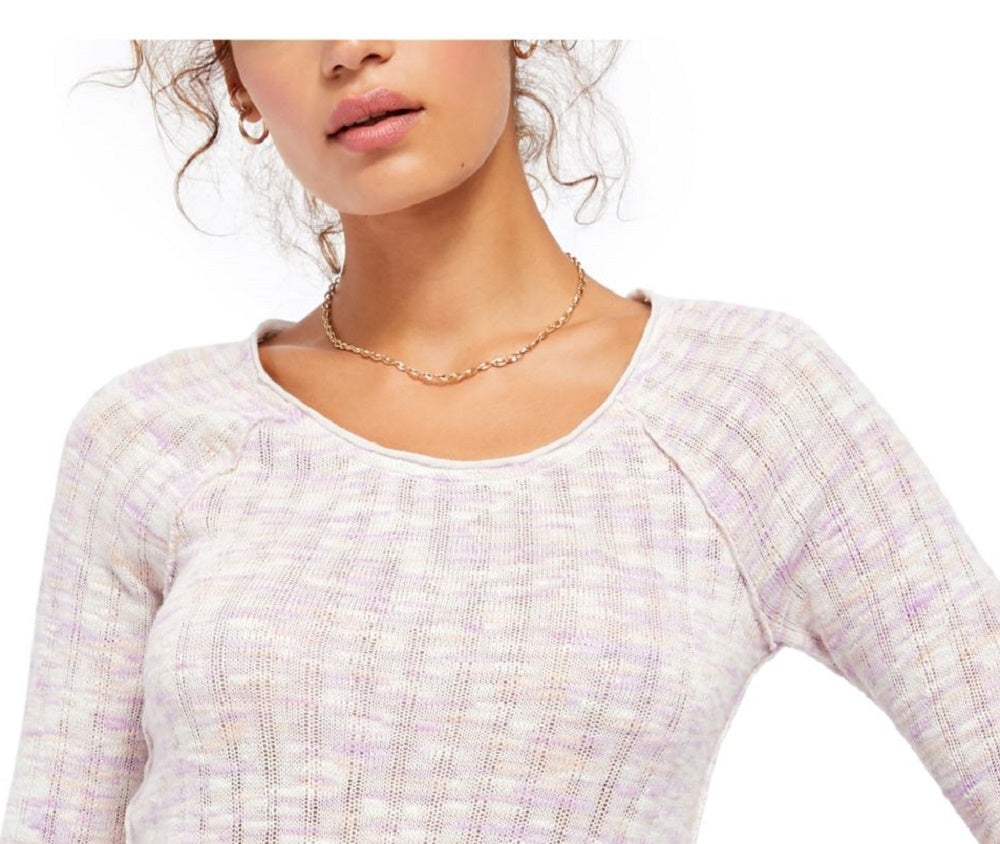 Suéter feminino rosa de manga comprida com decote redondo, tamanho X-S