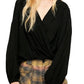 Blusa feminina xadrez falsa Free People, preta, tamanho grande