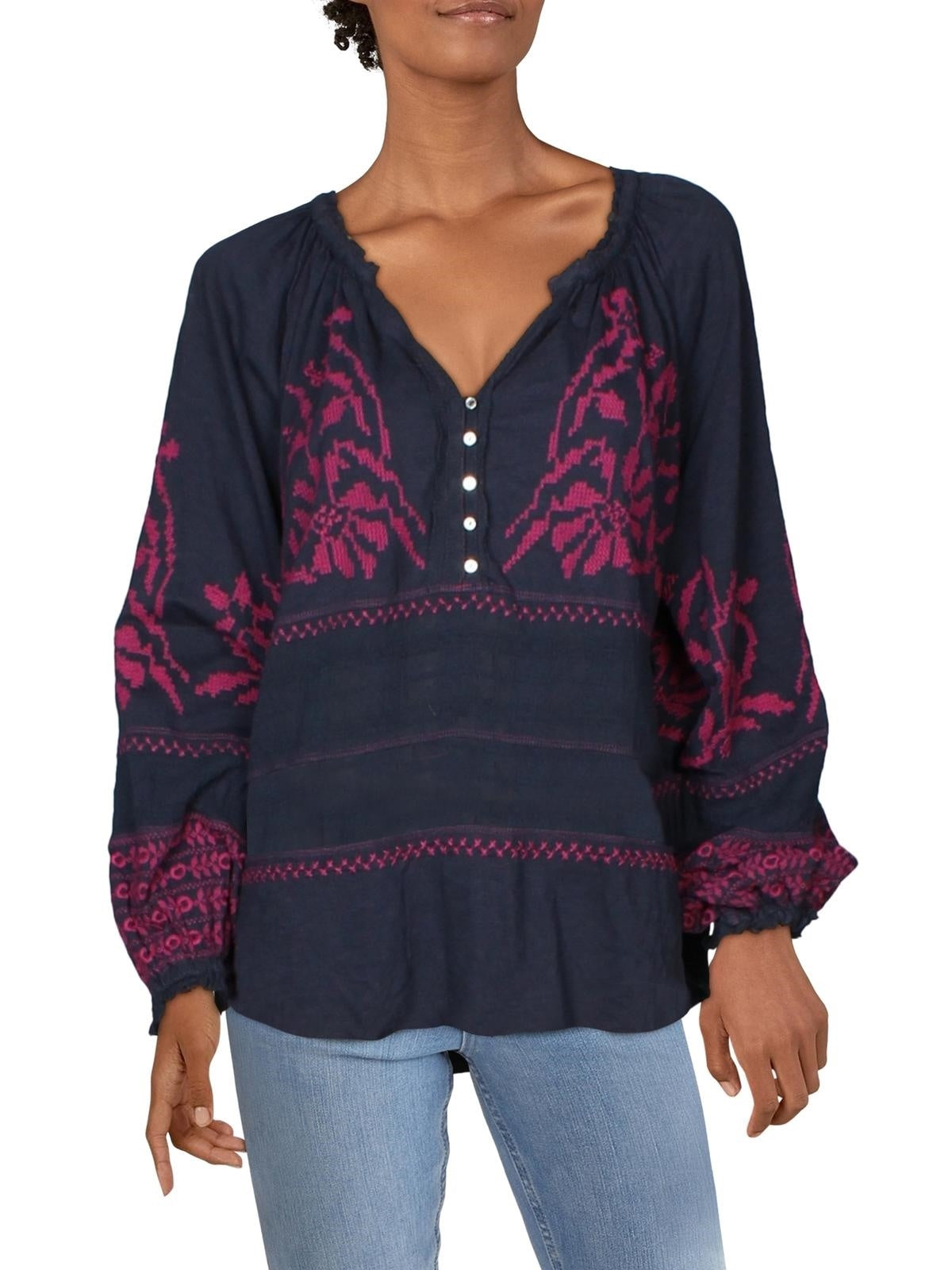 Blusa feminina Persuasion Cotton Boho Peasant da Free People, azul marinho, tamanho pequeno