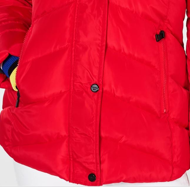 Casaco acolchoado com capuz e acabamento falso Madden Girl Junior, vermelho, tamanho X-S