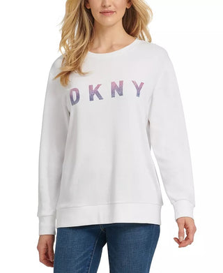 DKNY Women's Ombre Glitter Logo Sweatshirt White Size Large