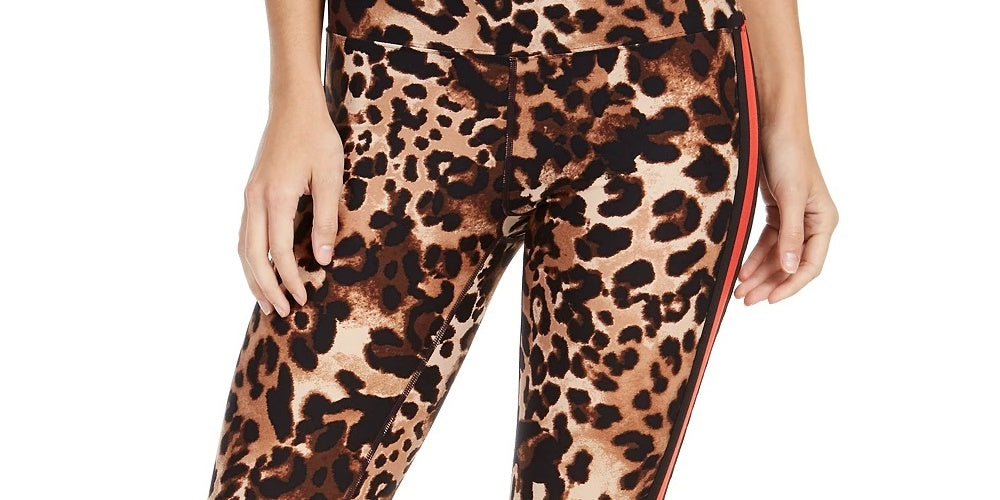 Calça legging feminina Calvin Klein com estampa animal e listras, cintura alta, marrom, tamanho médio