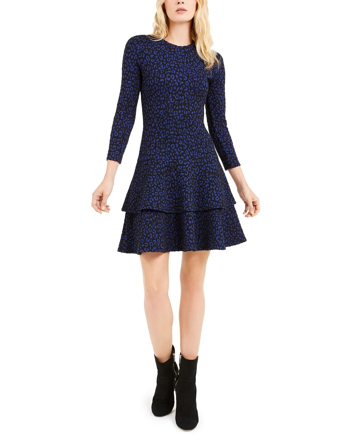 Vestido curto evasê Michael Kors feminino estampado, manga comprida, gola redonda, preto e azul, tamanho pequeno e pequeno