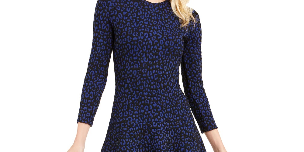 Vestido curto evasê Michael Kors feminino estampado, manga comprida, gola redonda, preto e azul, tamanho pequeno e pequeno