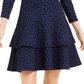 Vestido curto evasê Michael Kors feminino estampado, manga comprida, gola redonda, preto e azul, tamanho pequeno e pequeno