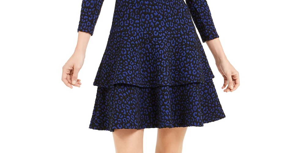 Vestido curto evasê Michael Kors feminino estampado, manga comprida, gola redonda, preto e azul, tamanho pequeno e pequeno