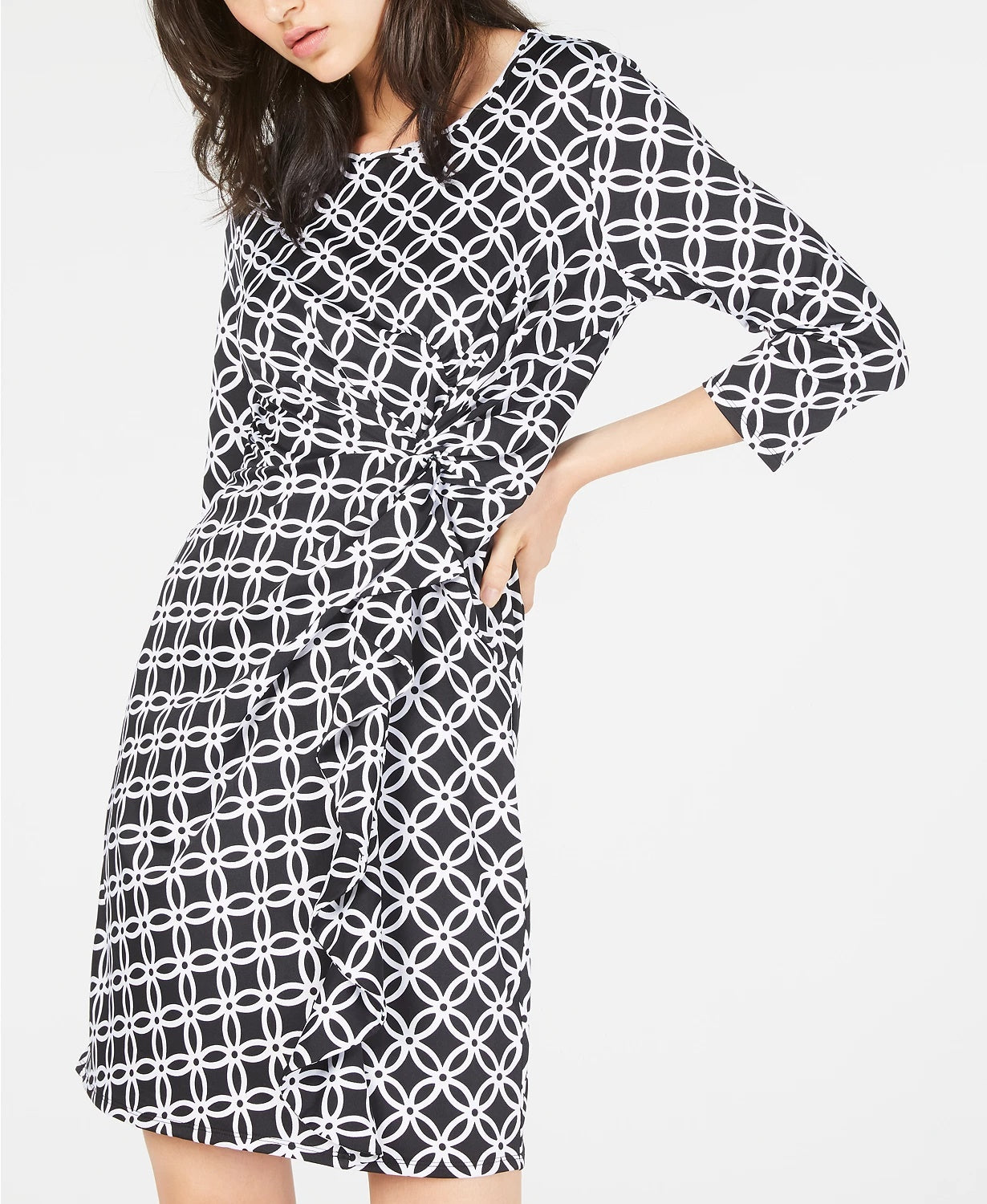 Vestido justo estampado com babados e bainha feminina NY Collection, preto, tamanho pequeno médio