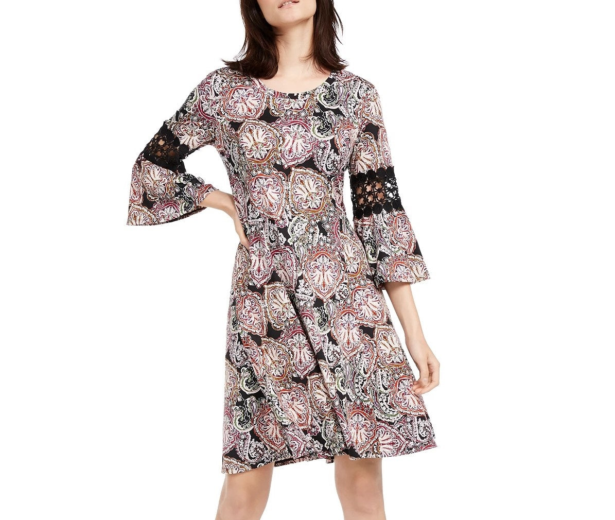 Vestido feminino NY Collection Petite Crochet Trim com manga sino, preto, tamanho Petite Large