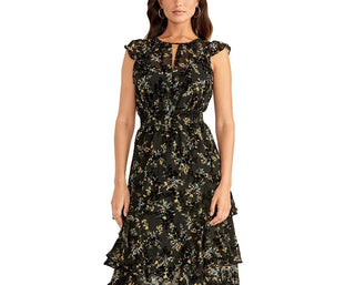 Vestido longo com babados estampados Issa da Rachel Roy para mulheres, preto, tamanho 4