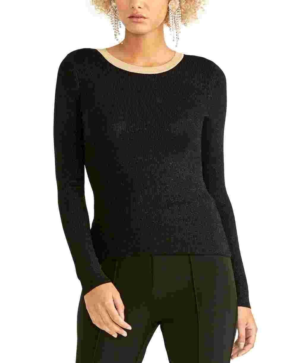 Blusa feminina preta de manga comprida e gola redonda Rachel Roy, tamanho grande
